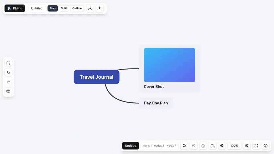 Animation of dragging an image from one KMind Zen node to another and choosing a drop side