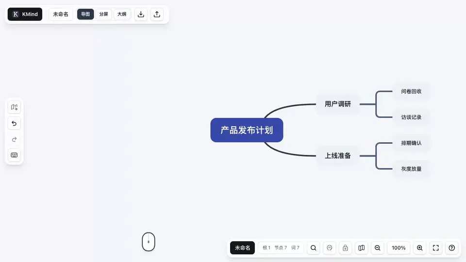 KMind Zen 中按住空格平移画布并用滚轮缩放的动图