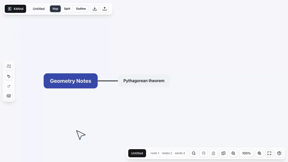 Animation of typing dollar-delimited LaTeX into a KMind Zen node and seeing it render as a formula